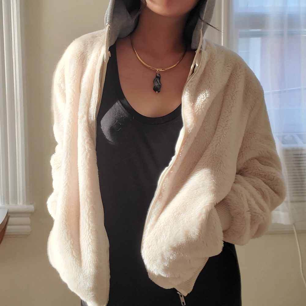 White Fuzzy Hooded Bomber Jacket